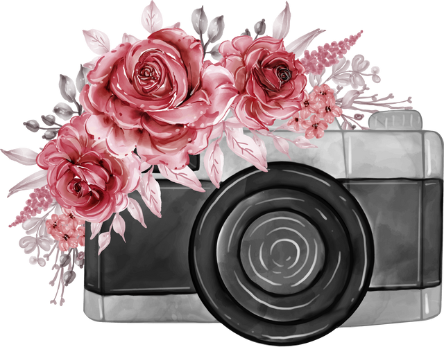 Camera Watercolor with Flowers Burgundy